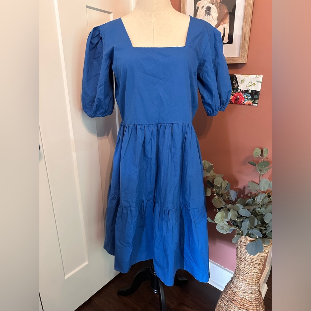 NWOT Maude Vivante Aria midi Royal blue L puff sleeve tiered 100% cotton dress - Picture 2 of 15
